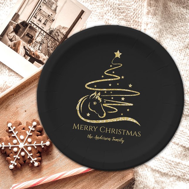 Horse Christmas tree Gold glitter Equestrian Paper Plate (Gold glitter horse Christmas tree paper plates with personalized text)