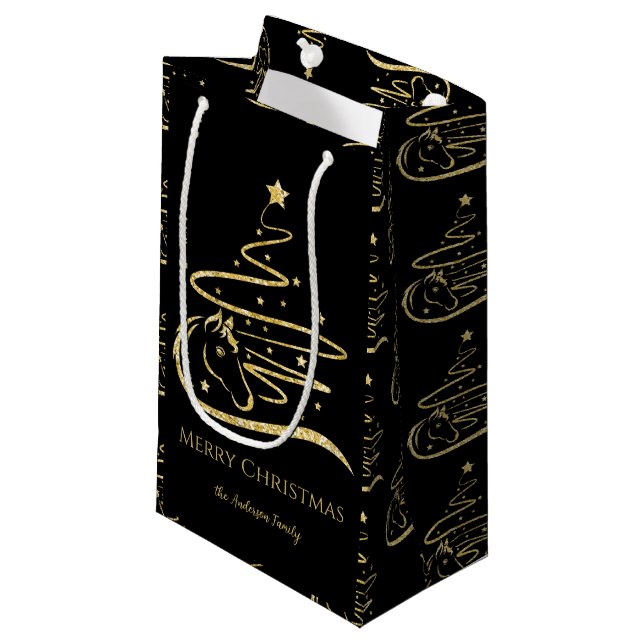 Horse Christmas tree Gold glitter Equestrian Small Gift Bag (Front Angled)