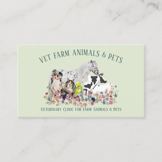 Horse Cow Sheep Dog Cat Bird Animal Pet Vet green Business Card (Front)
