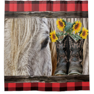 Horse Cowboy Boots Barn Board Red Plaid Shower Curtain