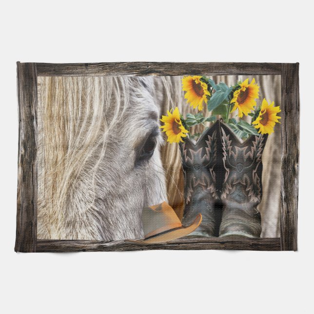 Horse Cowboy Boots Cowboy Hat Rustic Barn Board Tea Towel (Horizontal)