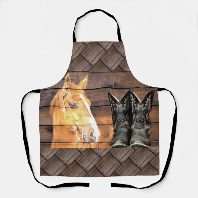 Horse Cowboy Boots Rustic Barn Board Apron (Front)
