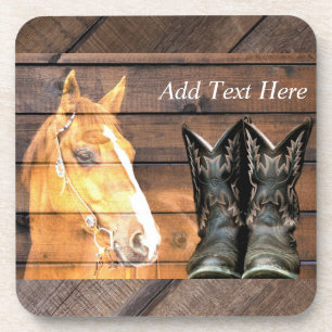 Horse Cowboy Boots Rustic Barn Board Coaster