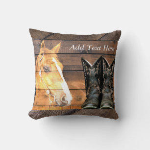 Horse Cowboy Boots Rustic Barn Board Cushion