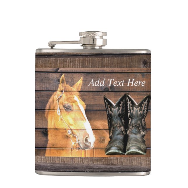 Horse Cowboy Boots Rustic Barn Board Hip Flask (Front)