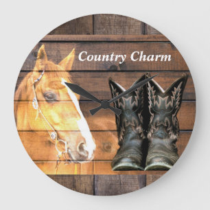 Horse Cowboy Boots Rustic Barn Board Large Clock