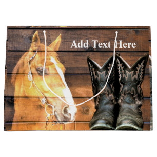 Horse Cowboy Boots Rustic Barn Board Large Gift Bag