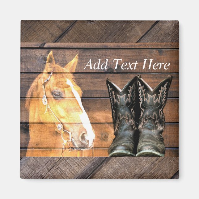 Horse Cowboy Boots Rustic Barn Board Magnet (Front)