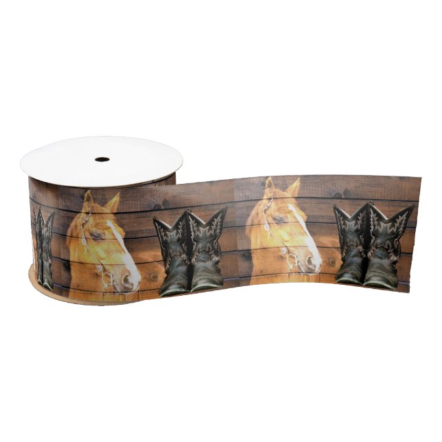 Horse Cowboy Boots Rustic Barn Board Satin Ribbon (Spool)