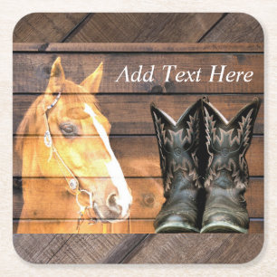 Horse Cowboy Boots Rustic Barn Board Square Paper Coaster