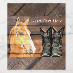 Horse Cowboy Boots Rustic Barn Board Wine Label
