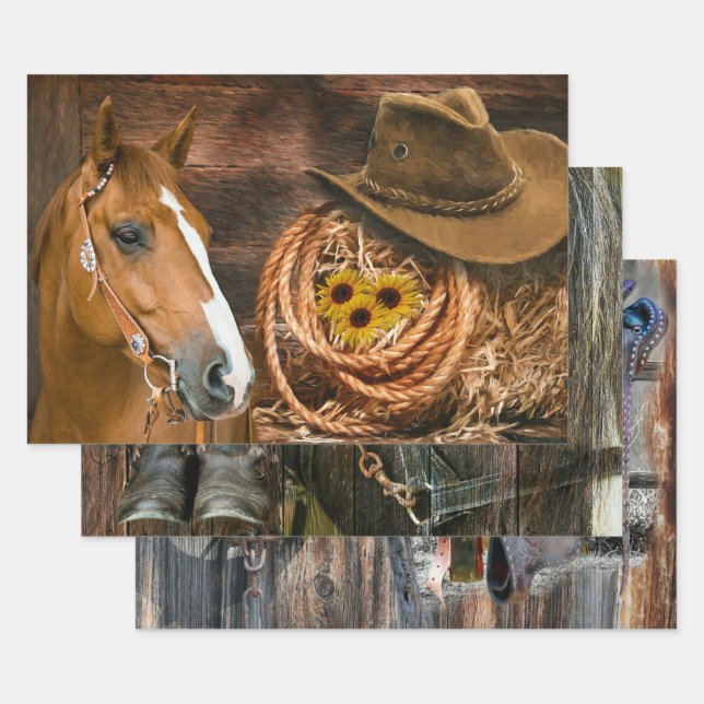 Horse Cowboy Boots Saddle Horseshoe Wrapping Paper Sheet (Set)