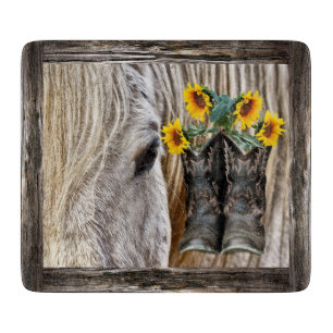 Horse Cowboy Boots Sunflowers Barn Board
