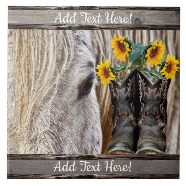 Horse Cowboy Boots Sunflowers Barn Board Ceramic Tile (Front)