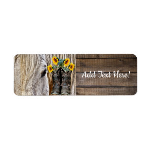 Horse Cowboy Boots Sunflowers Barn Board Return Address Label