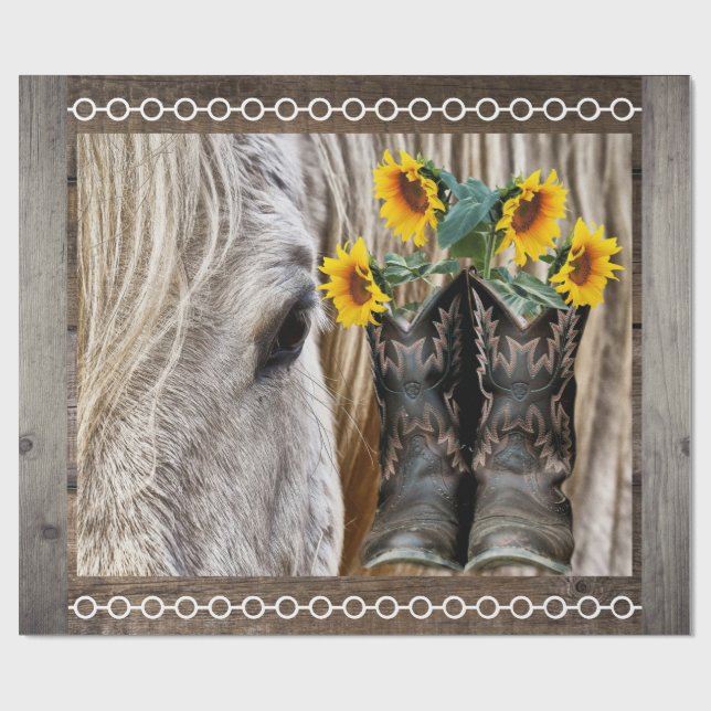 Horse Cowboy Boots Sunflowers Barn Board Wrapping Paper (Flat)