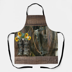 Horse Cowboy Boots Sunflowers Rustic Barn Board Apron