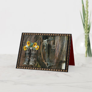 Horse Cowboy Boots Sunflowers Rustic Barn Board Card