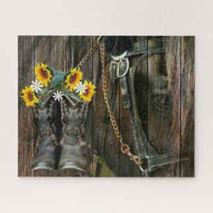 Horse Cowboy Boots Sunflowers Rustic Barn Board Jigsaw Puzzle
