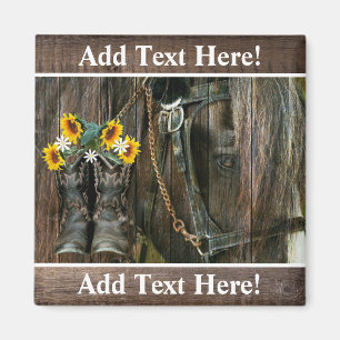 Horse Cowboy Boots Sunflowers Rustic Barn Board Magnet