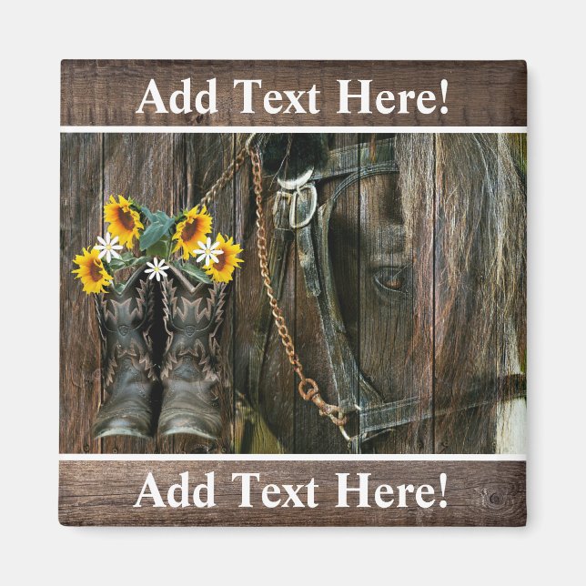 Horse Cowboy Boots Sunflowers Rustic Barn Board Magnet (Front)