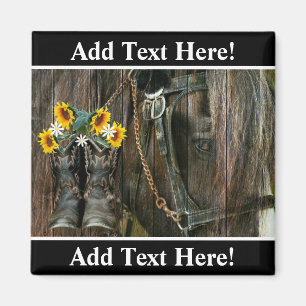 Horse Cowboy Boots Sunflowers Rustic Barn Board Magnet