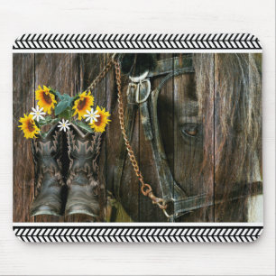 Horse Cowboy Boots Sunflowers Rustic Barn Board Mouse Pad