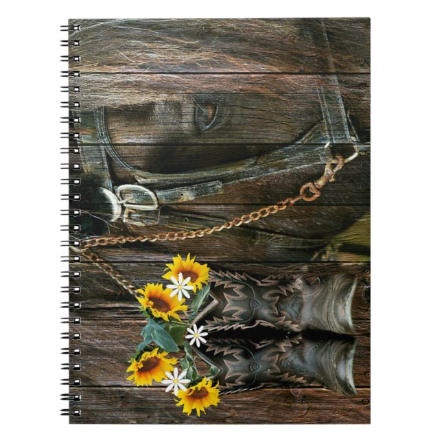 Horse Cowboy Boots Sunflowers Rustic Barn Board Notebook (Front)