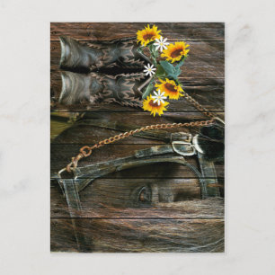 Horse Cowboy Boots Sunflowers Rustic Barn Board Postcard