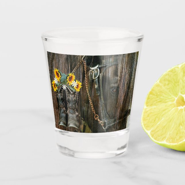 Horse Cowboy Boots Sunflowers Rustic Barn Board Shot Glass (Front)