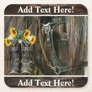 Horse Cowboy Boots Sunflowers Rustic Barn Board Square Paper Coaster