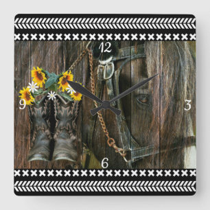 Horse Cowboy Boots Sunflowers Rustic Barn Board Square Wall Clock