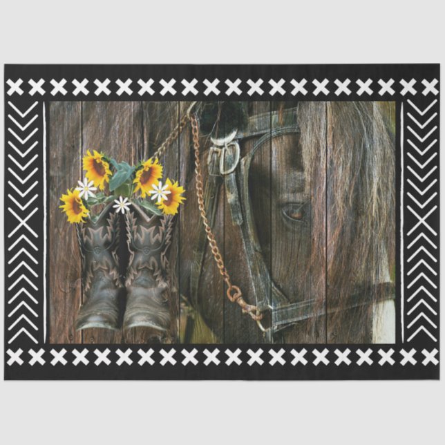 Horse Cowboy Boots Sunflowers Rustic Barn Board Tissue Paper (Front)