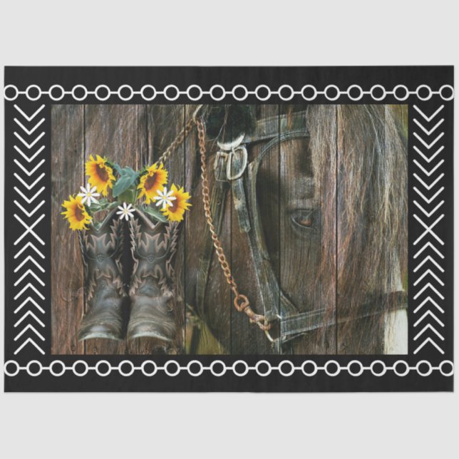 Horse Cowboy Boots Sunflowers Rustic Barn Board Tissue Paper (Front)