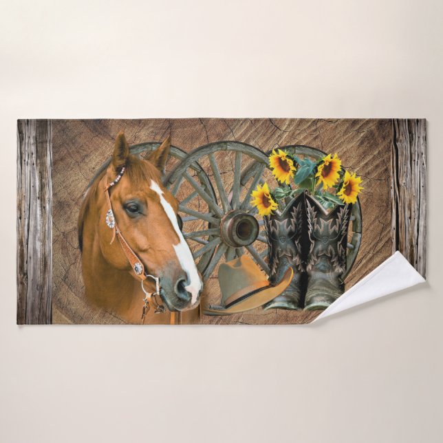Horse Cowboy Boots Wagon Wheel Sunflowers Western  Bath Towel Set (Bath Towel)