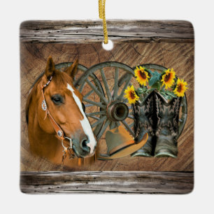 Horse Cowboy Boots Wagon Wheel Sunflowers Western  Ceramic Ornament