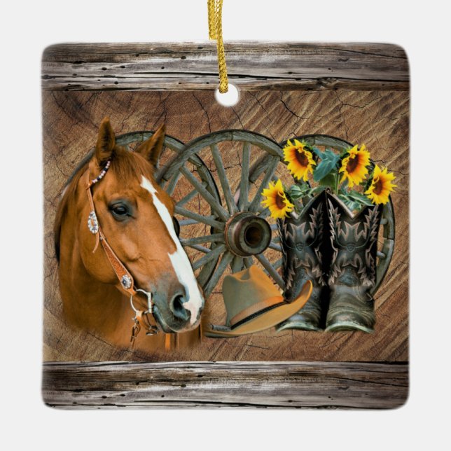 Horse Cowboy Boots Wagon Wheel Sunflowers Western  Ceramic Ornament (Front)