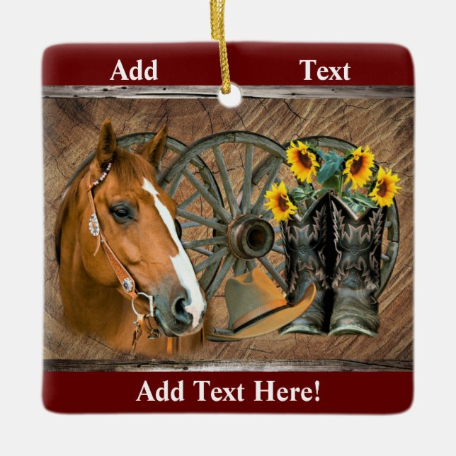 Horse Cowboy Boots Wagon Wheel Sunflowers Western  Ceramic Ornament (Front)