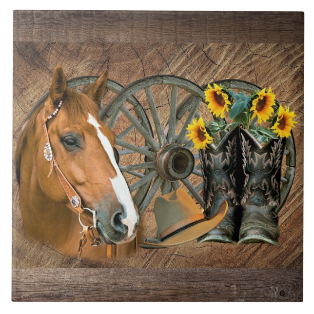 Horse Cowboy Boots Wagon Wheel Sunflowers Western Ceramic Tile (Front)