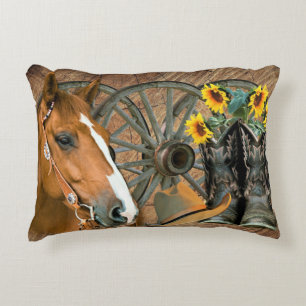 Horse Cowboy Boots Wagon Wheel Sunflowers Western Decorative Cushion