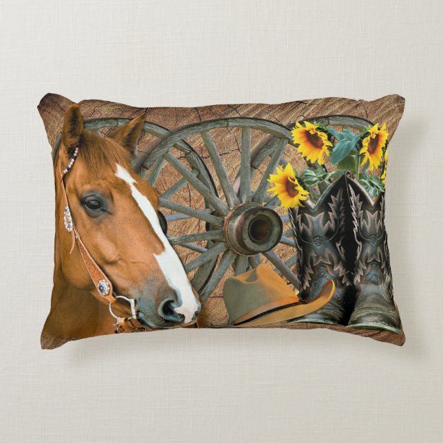 Horse Cowboy Boots Wagon Wheel Sunflowers Western Decorative Cushion (Front)