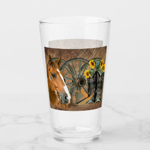 Horse Cowboy Boots Wagon Wheel Sunflowers Western Glass