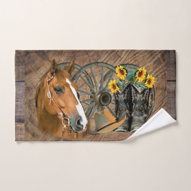 Horse Cowboy Boots Wagon Wheel Sunflowers Western Hand Towel (Hand Towel)
