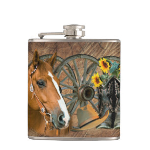 Horse Cowboy Boots Wagon Wheel Sunflowers Western Hip Flask