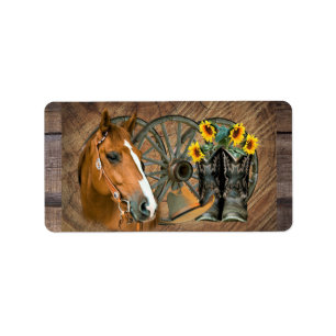 Horse Cowboy Boots Wagon Wheel Sunflowers Western Label