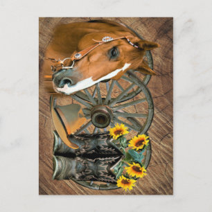 Horse Cowboy Boots Wagon Wheel Sunflowers Western Postcard