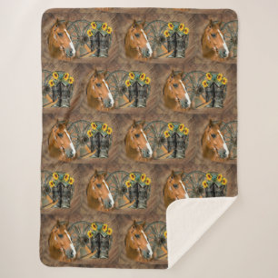 Horse Cowboy Boots Wagon Wheel Sunflowers Western Sherpa Blanket