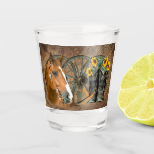 Horse Cowboy Boots Wagon Wheel Sunflowers Western Shot Glass