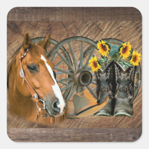 Horse Cowboy Boots Wagon Wheel Sunflowers Western Square Sticker