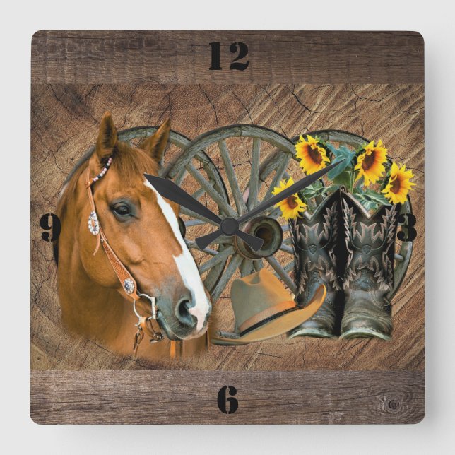 Horse Cowboy Boots Wagon Wheel Sunflowers Western Square Wall Clock (Front)